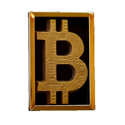 Luxe gouden Bitcoin chocolade als uniek crypto cadeau of gadget geschenk. Handgemaakte patisserie van Lindys Patisserie.