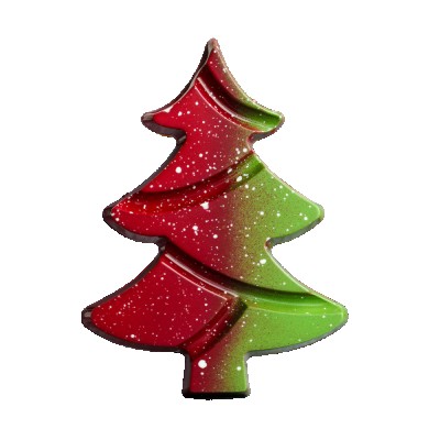 Luxe handgemaakte chocolade kerstboom in rood en groen met sneeuweffect van Lindys Patisserie.